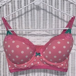 Gilly Hicks pink with white polka dot and green accent bra with great support.